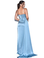 Elayna Pale Blue Strappy Satin Corset High Slit Gown Archive Sale