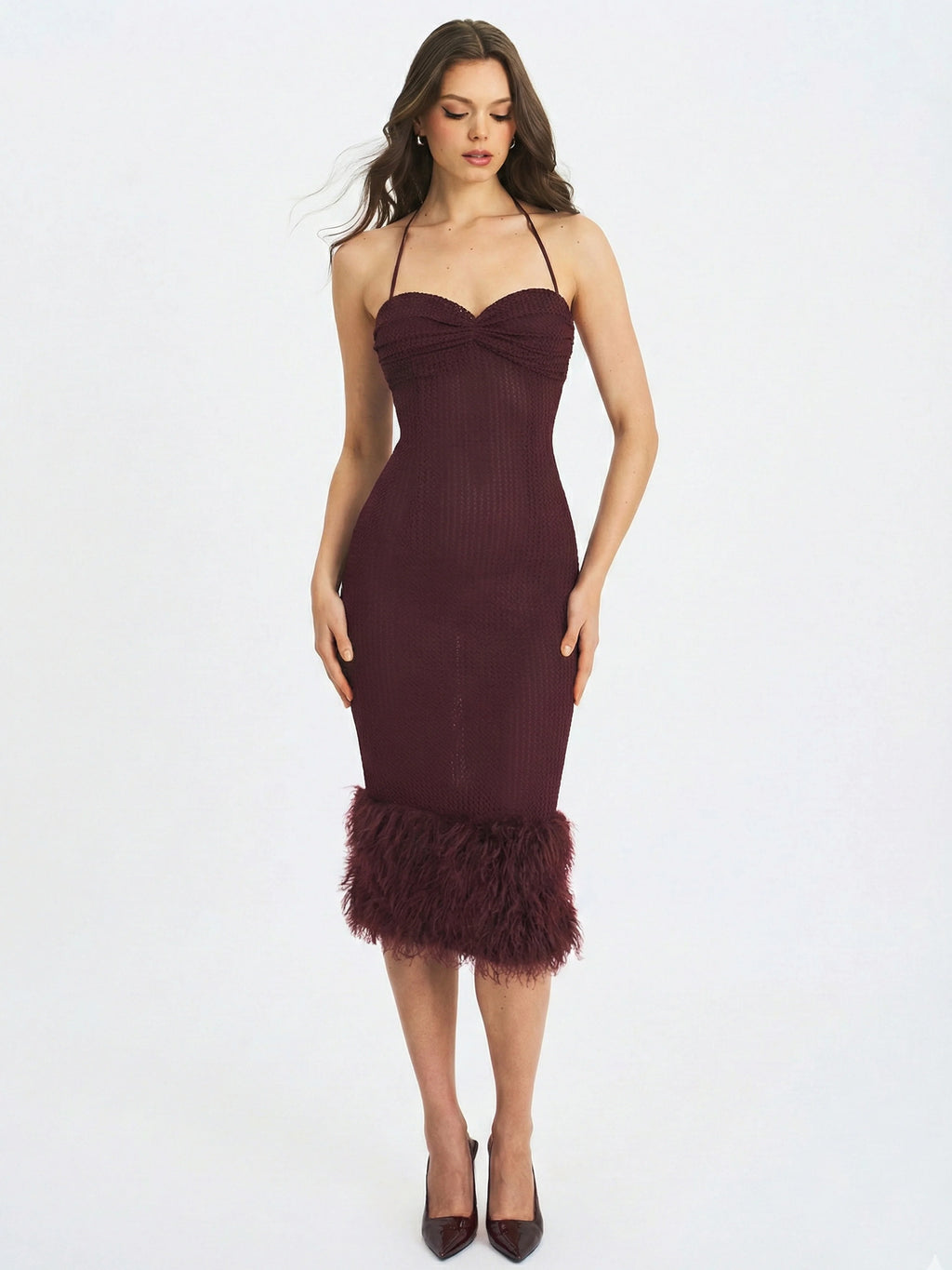 Pluma Maroon Halter Faux Fur Trimmed Midi Dress