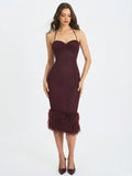 Pluma Maroon Halter Faux Fur Trimmed Midi Dress