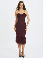 Pluma Maroon Halter Faux Fur Trimmed Midi Dress
