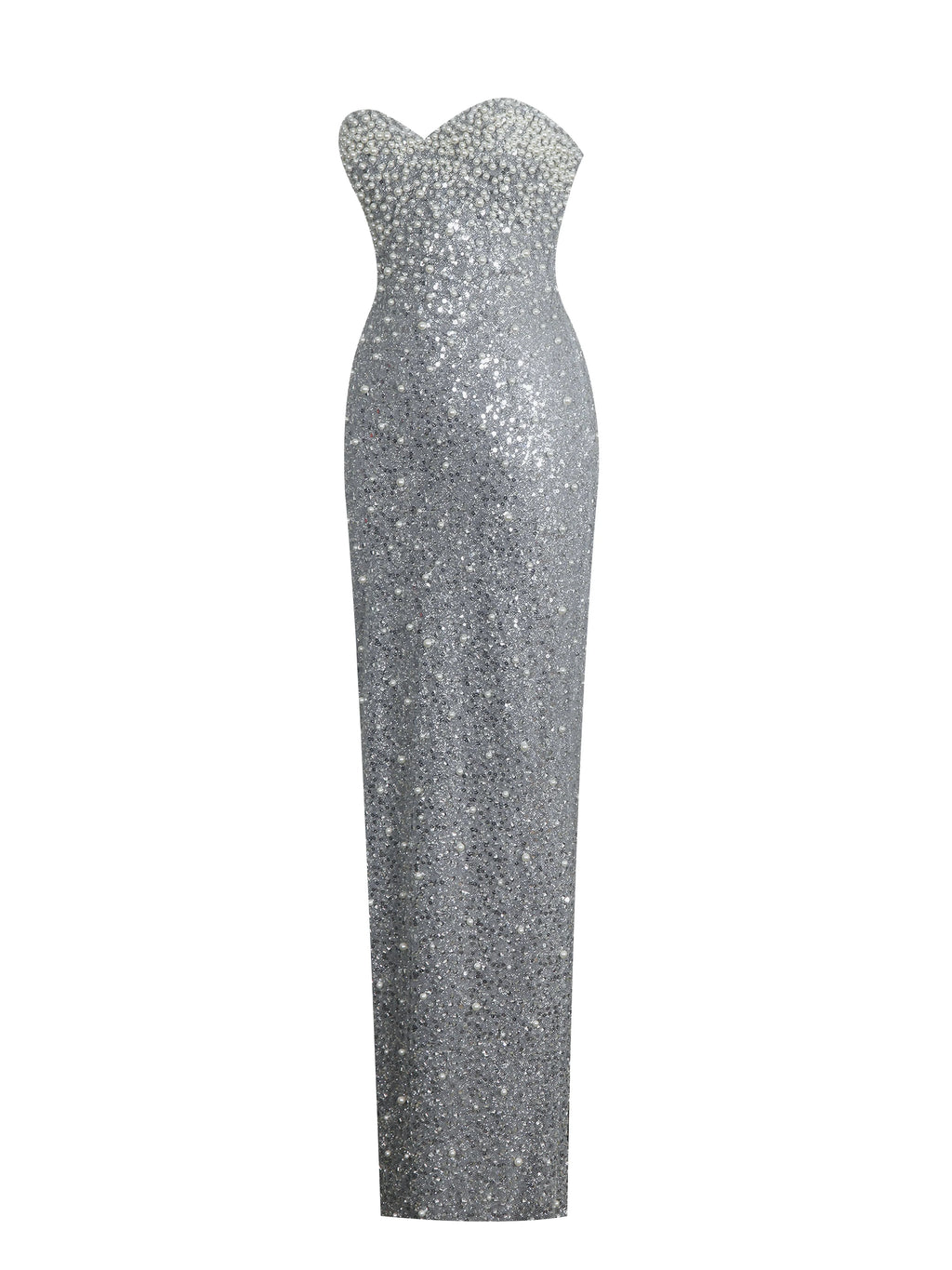 Noelle Silver Sequin Pearl Embellished Sweetheart Maxi Dress