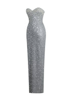 Noelle Silver Sequin Pearl Embellished Sweetheart Maxi Dress