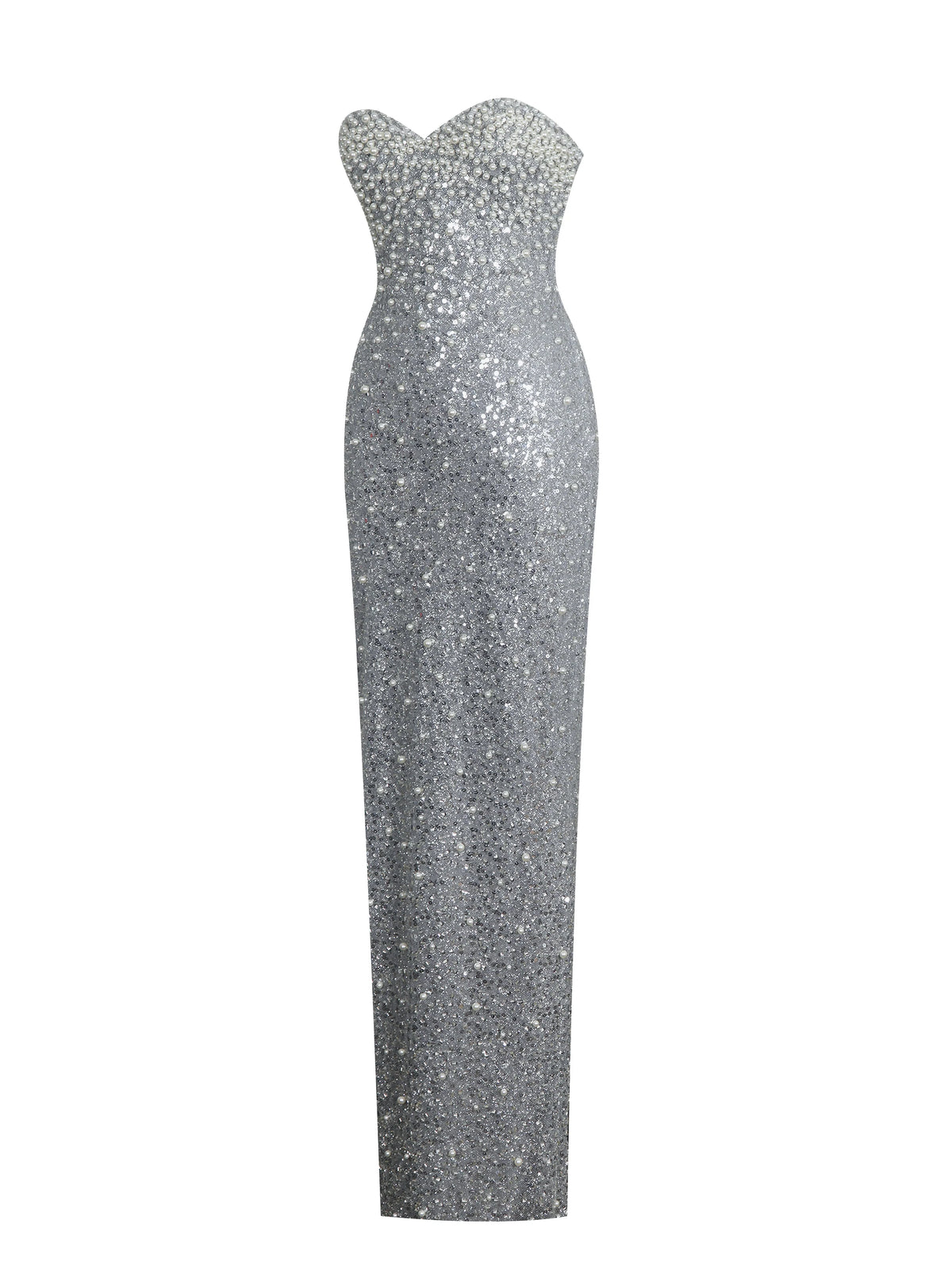 Noelle Silver Sequin Pearl Embellished Sweetheart Maxi Dress