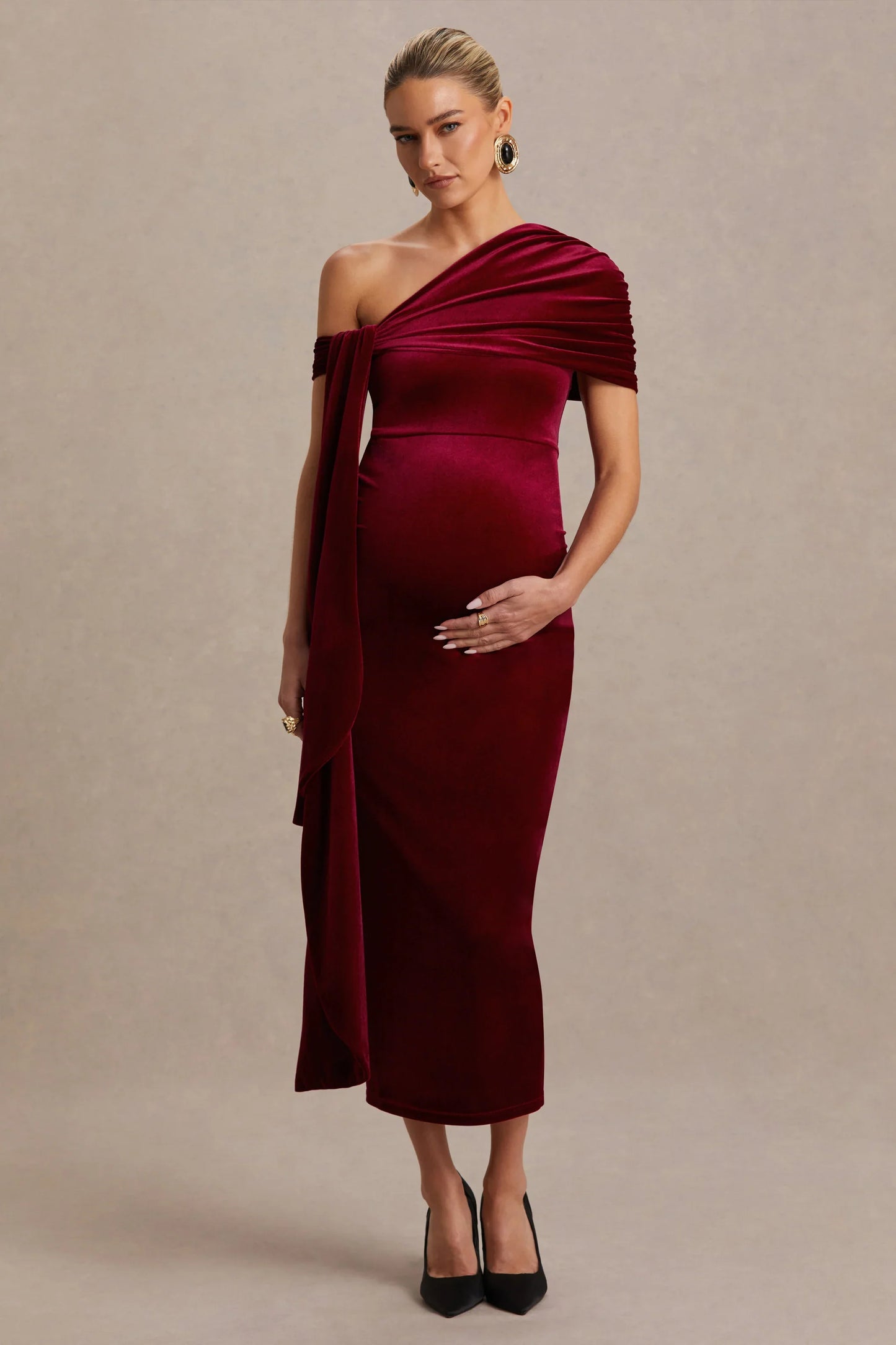 Zena Burgundy Velvet Asymmetric Neck Maternity Midi Dress With Knot And Sash Detail
