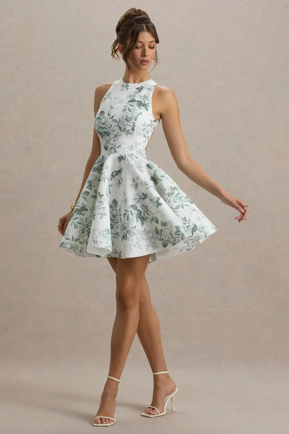Waverly Green Porcelain Print Racer Neck Sleeveless Skater Mini Dress
