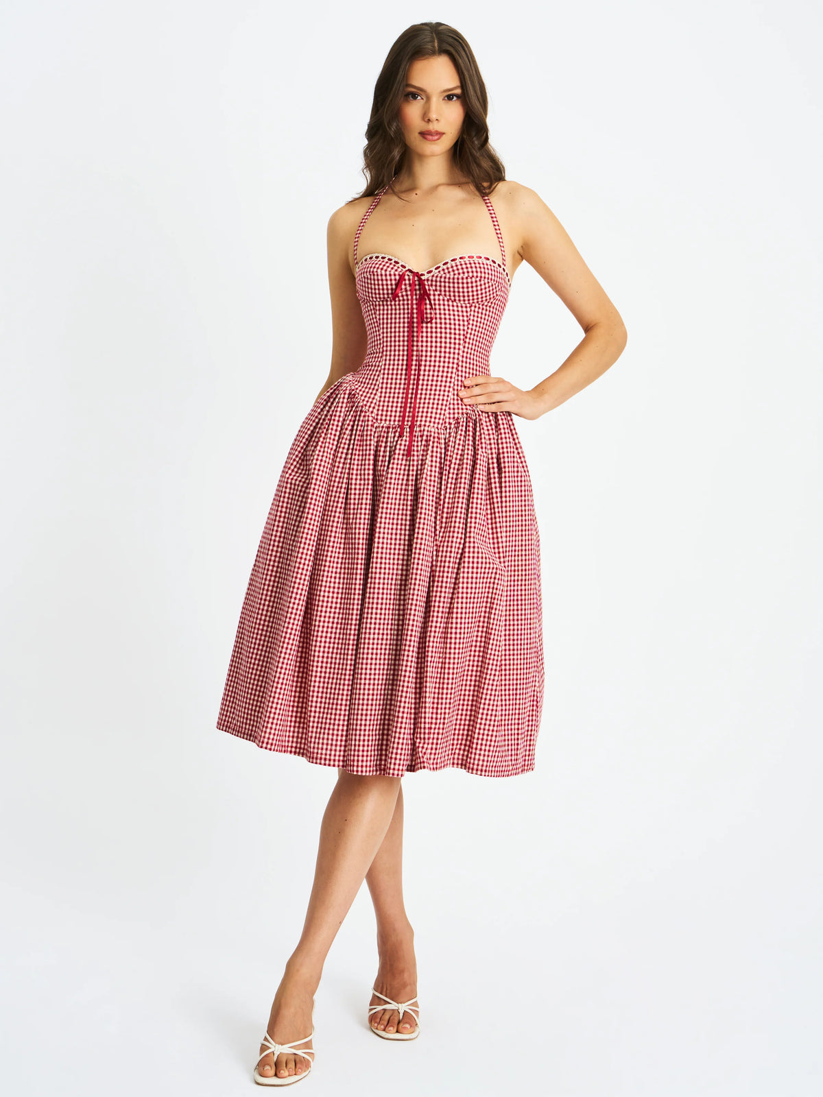 Susanna Red Cotton Gingham Drop Waist Midi Dress