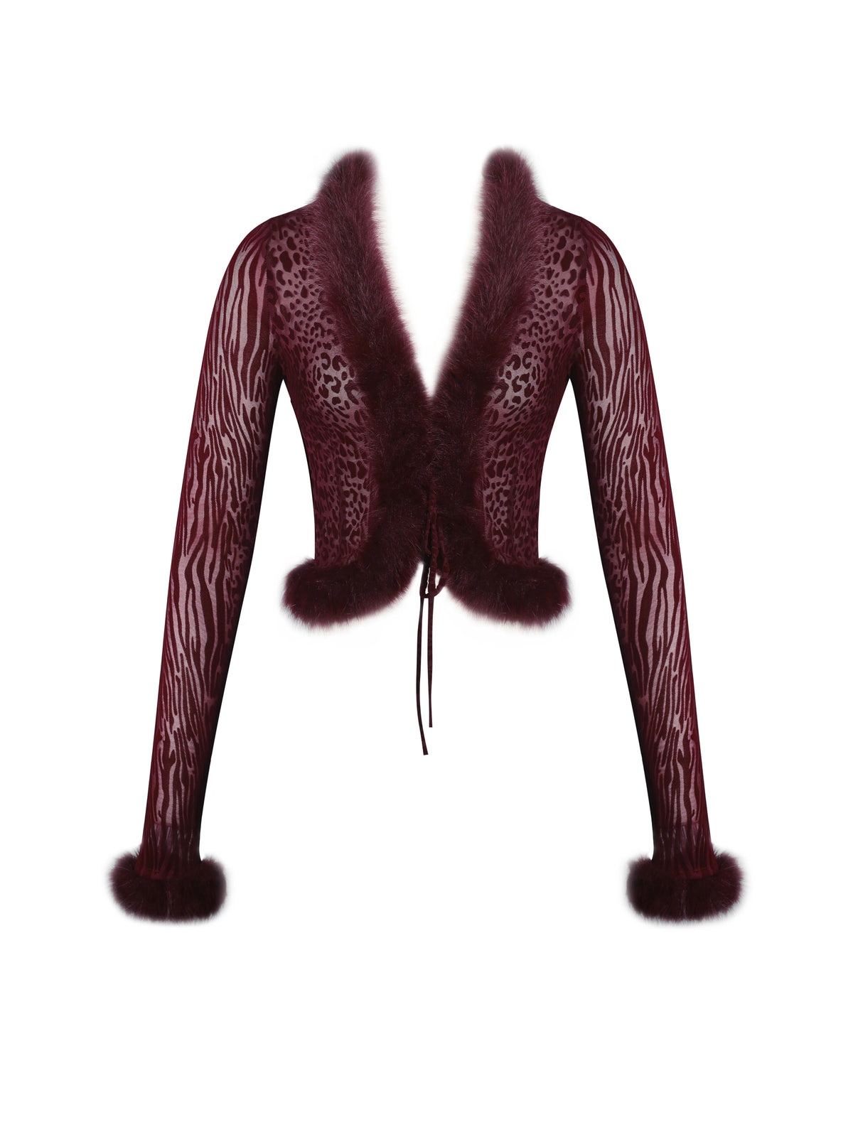 Hali Burgundy Animal Print Burnout Velvet Fur Trim Top