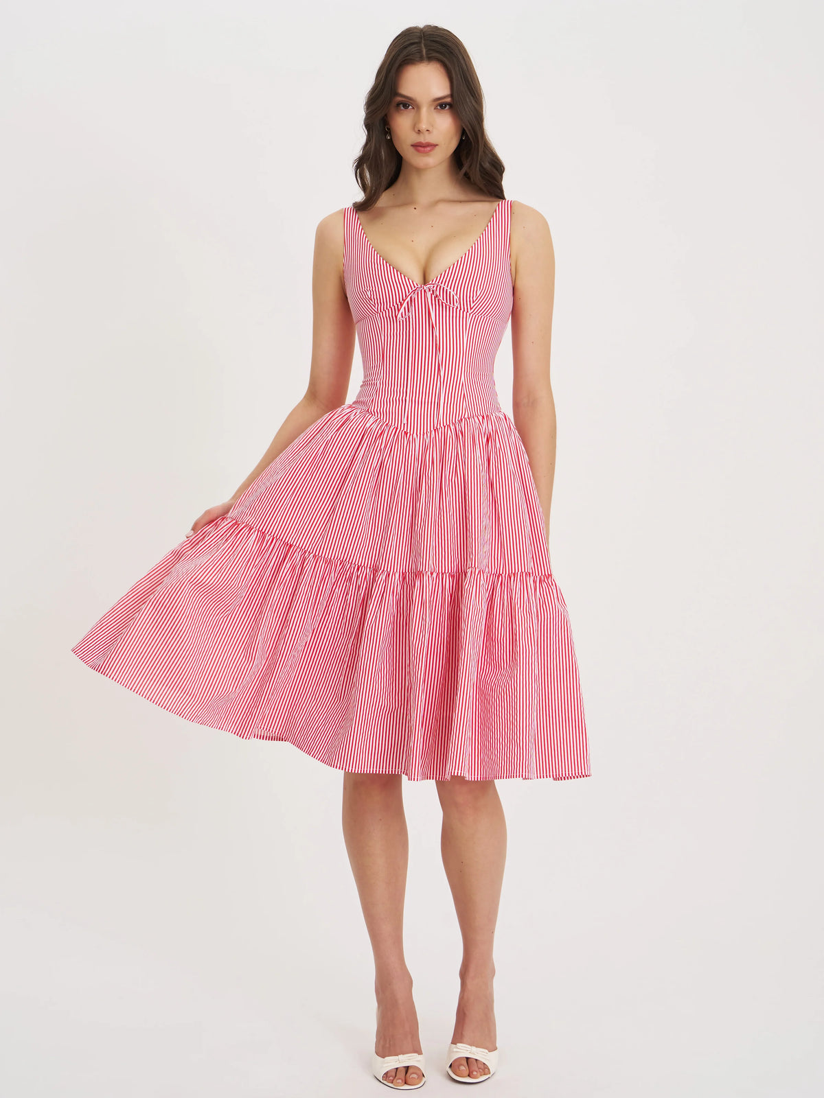 Oceana Red Cotton Stripe Drop Waist Midi Dress