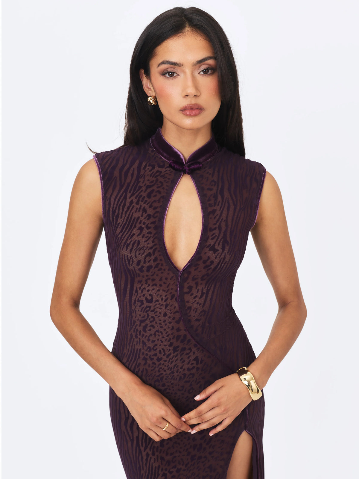 Riona Violet Burnout Velvet Mesh Keyhole Maxi Dress