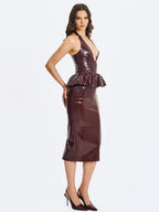 Jaslene Mahogany Ruched Peplum Plunge Halter Midi Dress