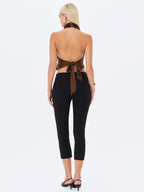 Xeriah Espresso Faux Mink Fur Backless Halter Top
