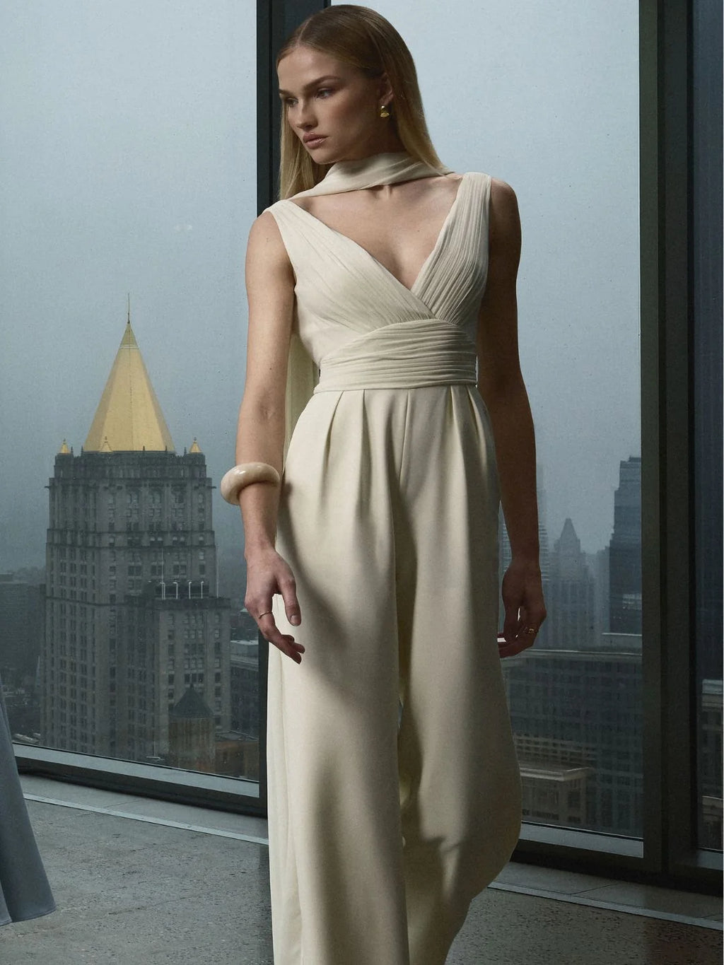 Harper Ivory Ruched V Neck Jumpsuit with Scarf