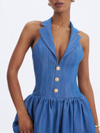 Xyan Navy Denim Lapel Halter A Line Midi Dress