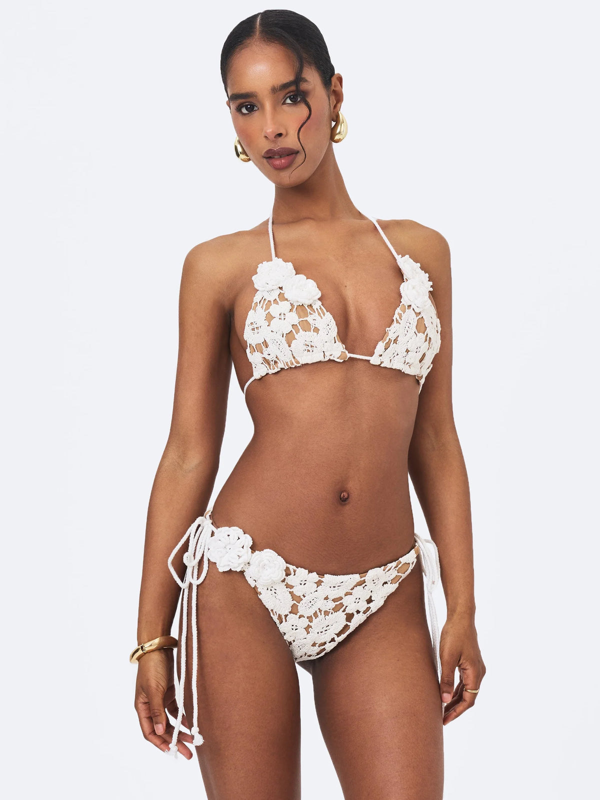 Lela White Floral Crochet Side Tie Bikini Bottom