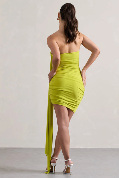 Siena Lime Ruched Asymmetric Mini Dress With Sash