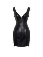 Quilia Black Vegan Crocodile Leather Plunge Mini Dress