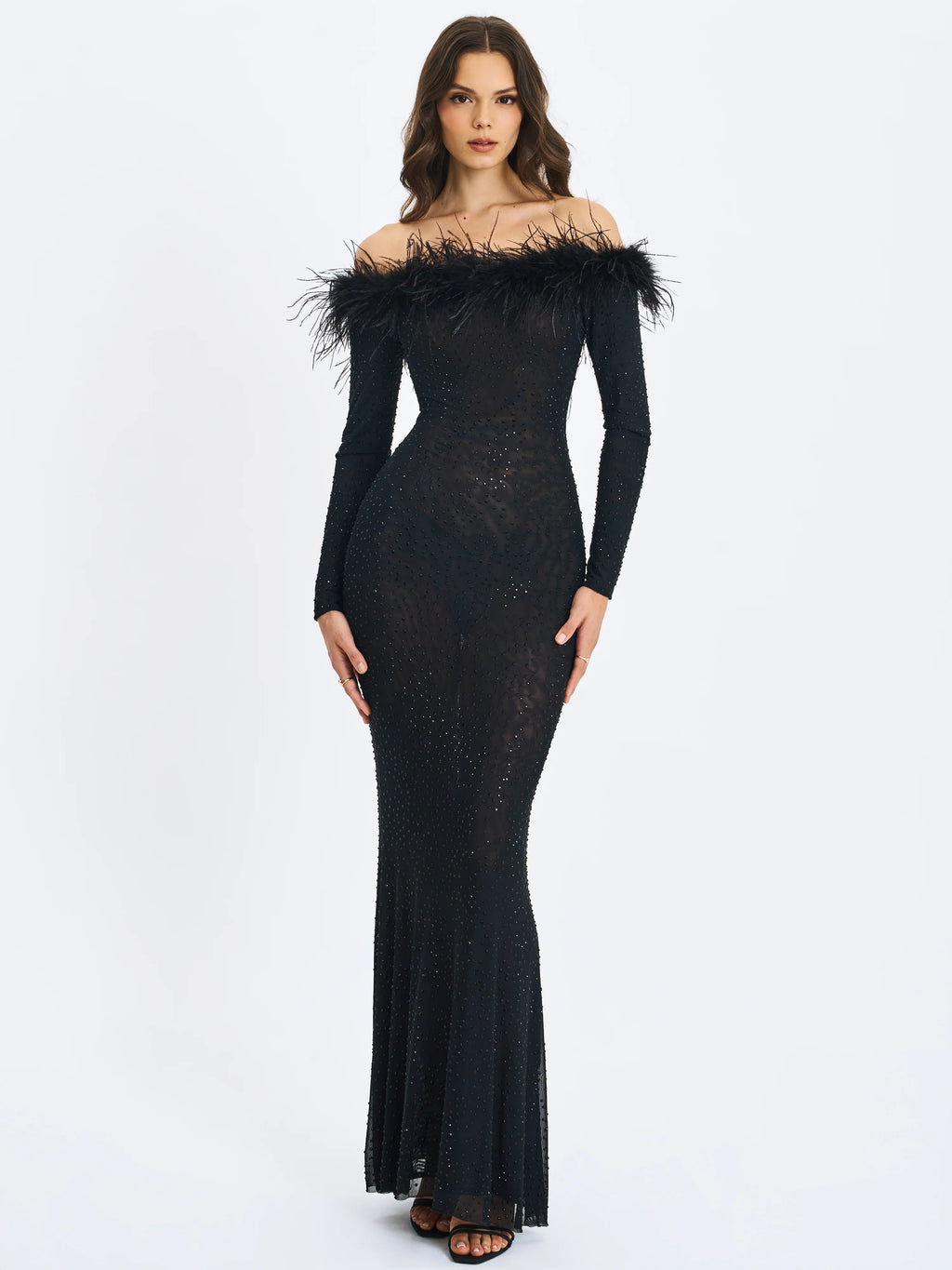 Emberly Black Fur Trimmed Off Shoulder Rhinestone Mermaid Maxi Dress