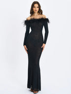 Emberly Black Fur Trimmed Off Shoulder Rhinestone Mermaid Maxi Dress