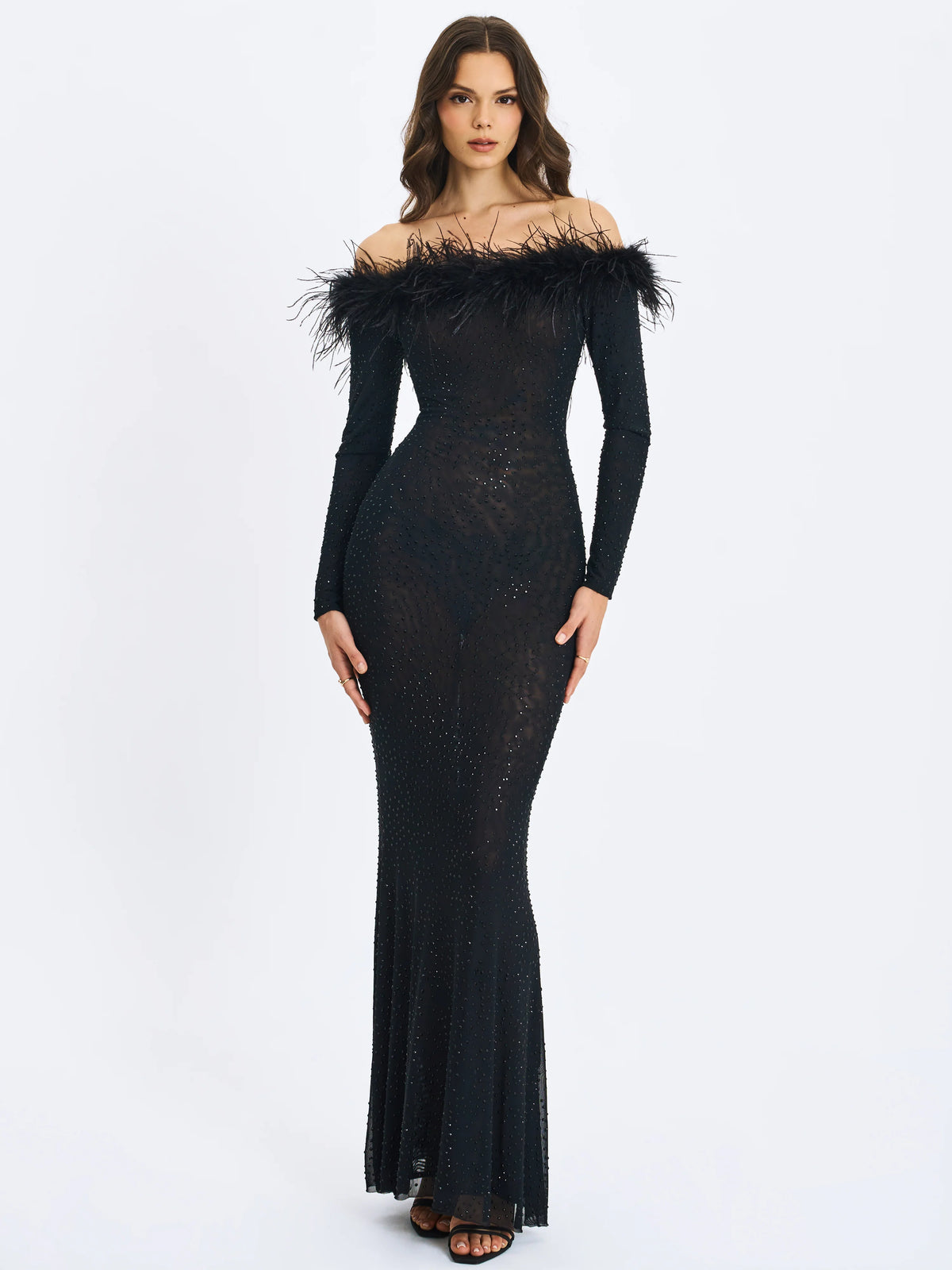 Emberly Black Fur Trimmed Off Shoulder Rhinestone Mermaid Maxi Dress