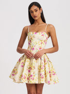 Valda Yellow and Pink Print Linen Mini Dress with Pockets