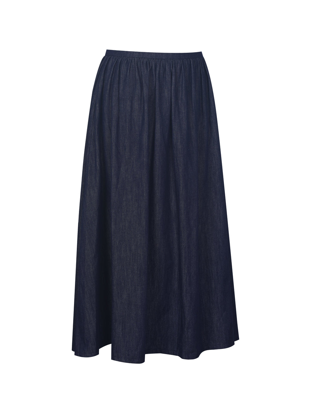 Maevie Indigo Denim Gathered A Line Midi Skirt