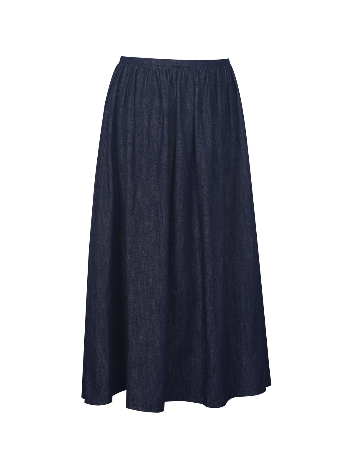 Maevie Indigo Denim Gathered A Line Midi Skirt