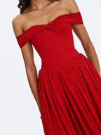 Tereza Crimson Georgette Bardot High Slit Maxi Dress
