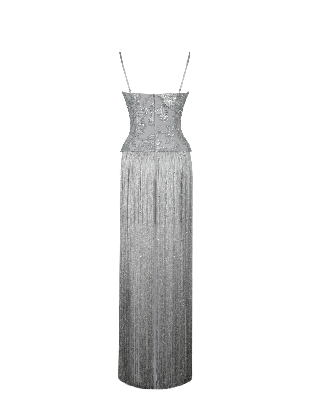 Olisa Silver Beaded Peplum Tassel Maxi Dress