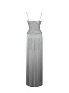 Olisa Silver Beaded Peplum Tassel Maxi Dress