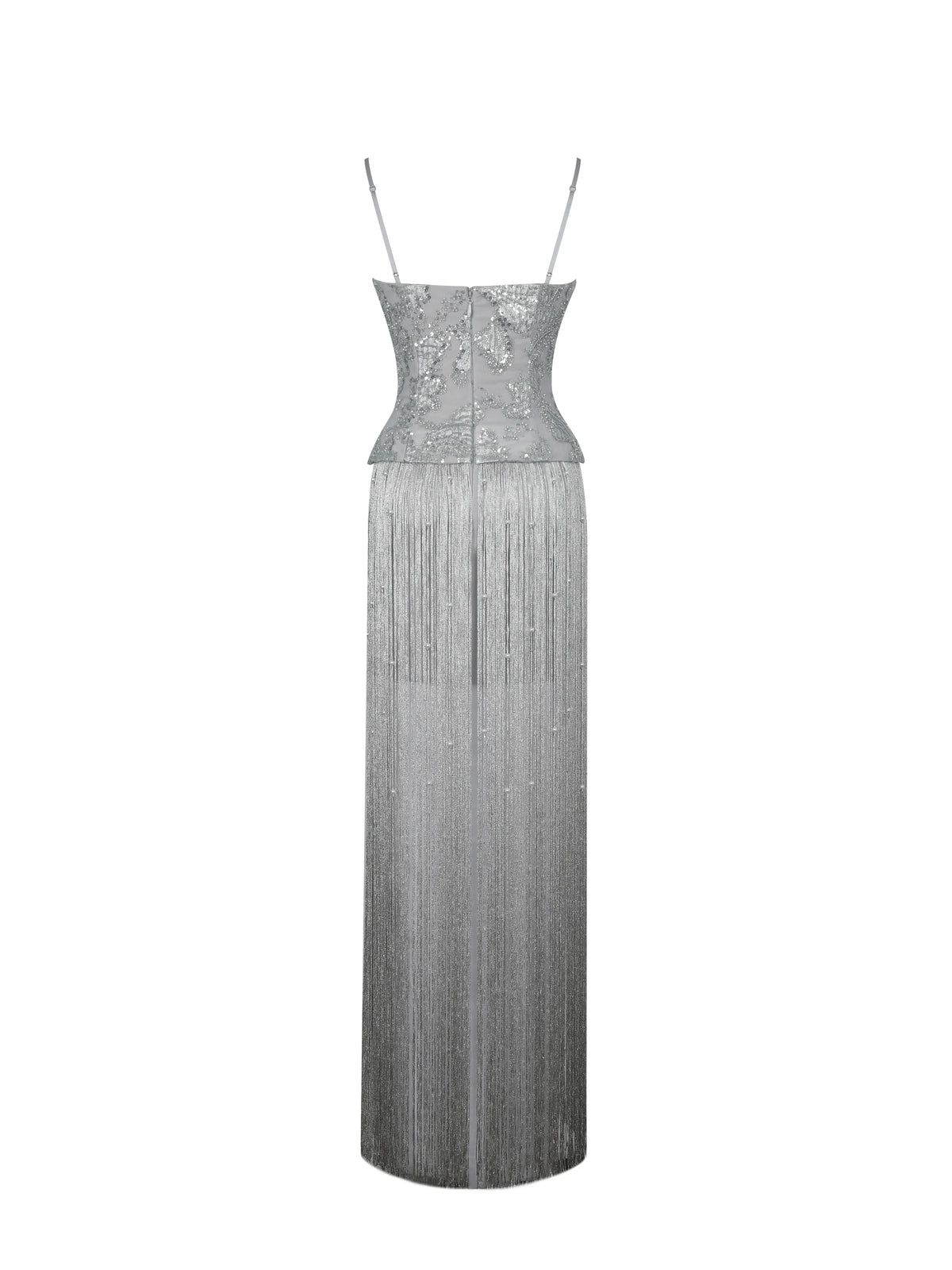 Olisa Silver Beaded Peplum Tassel Maxi Dress