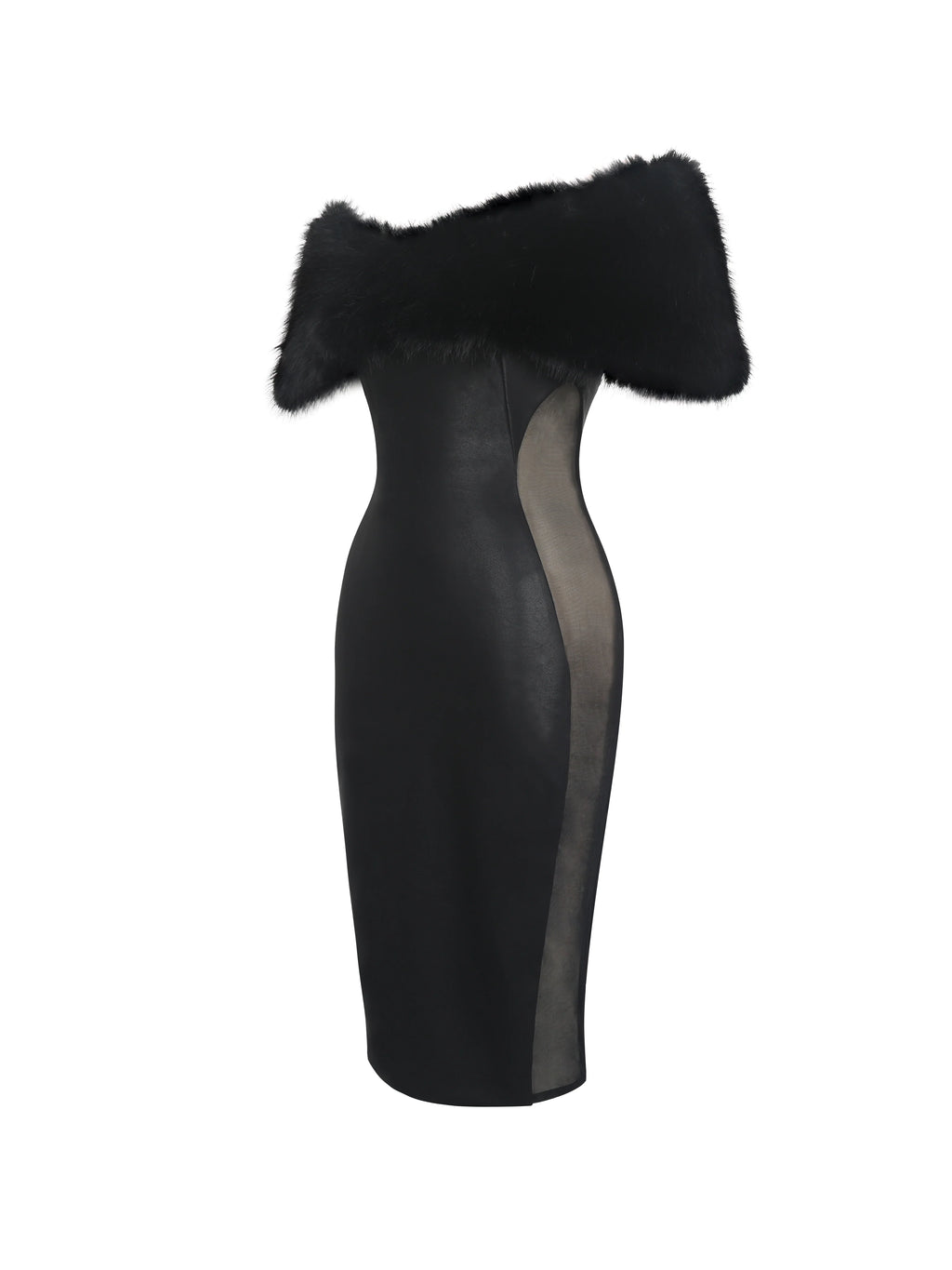 Bellis Black Fur Trim Mesh Panel Off Shoulder Midi Dress