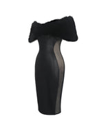 Bellis Black Fur Trim Mesh Panel Off Shoulder Midi Dress