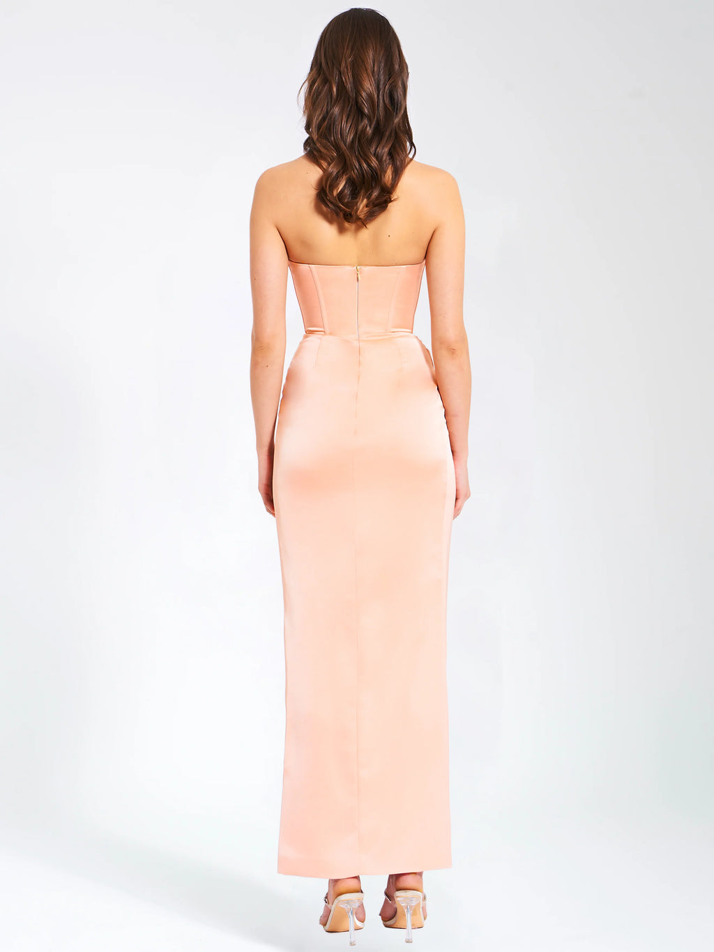 Amelia Blush Satin Corset Slit Gown With Crystal Embellished Archive Sale