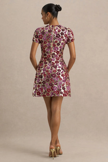 Eira Pink Floral Embellished Sequin Crew Neck Mini Dress