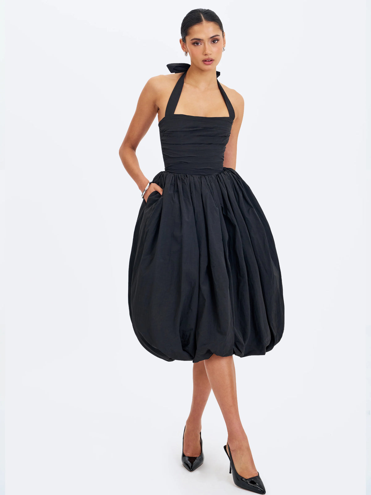 Veradis Black Taffeta Halter Bubble Hem Midi Dress