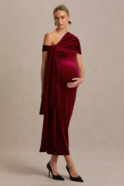 Zena Burgundy Velvet Asymmetric Neck Maternity Midi Dress With Knot And Sash Detail