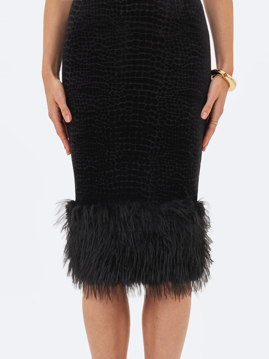 Onalee Black Croc Embossed Velvet Fur Midi Dress