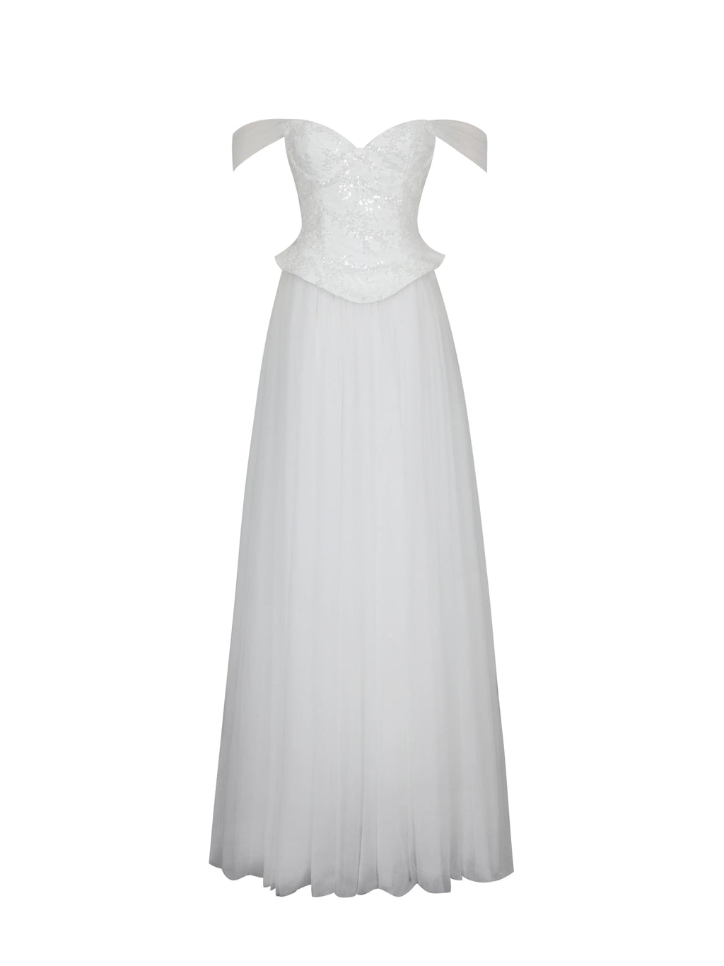Jianna White Beaded Peplum Bardot Neckline Wedding Gown