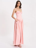 Najwa Baby Pink Ruched Breast Drop Waist Maxi Dress