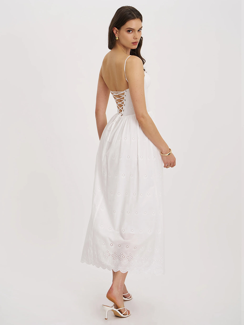 Oberon White Cotton Eyelet Lace Up Back Maxi Dress