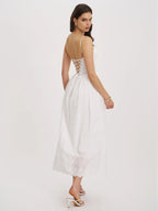 Oberon White Cotton Eyelet Lace Up Back Maxi Dress