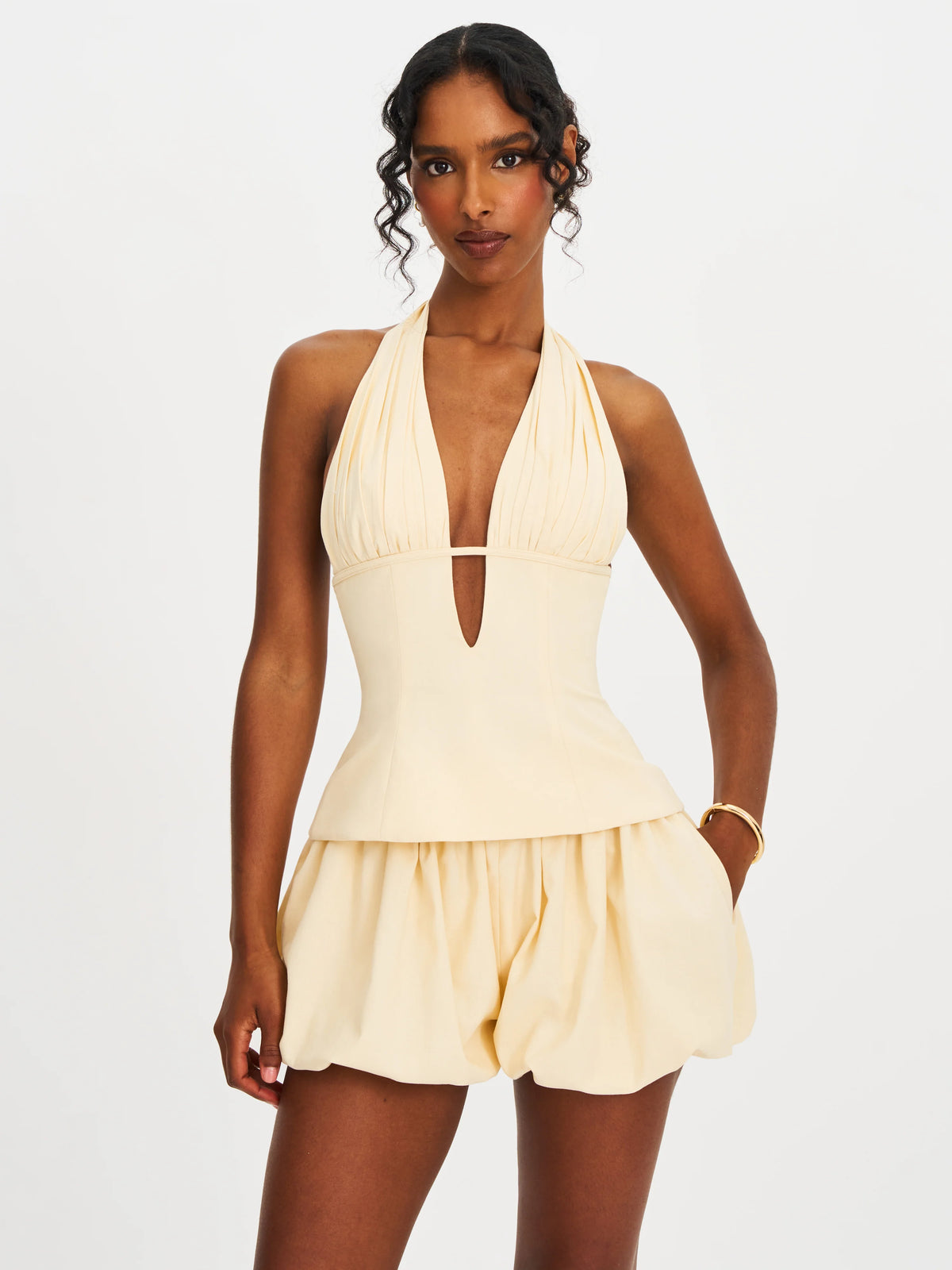 Quinzella Butter Yellow Linen Plunging Halter Neck Top