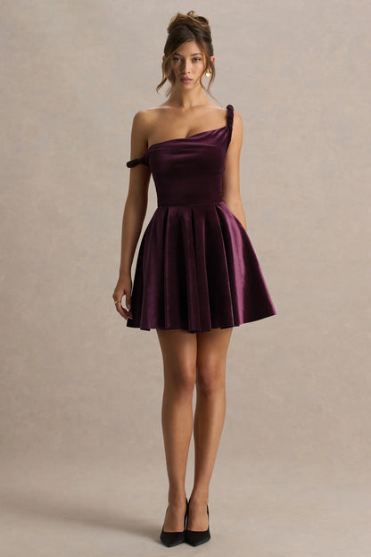 Leticia Burgundy Velvet Asymmetric Neck Velvet Mini Dress With Twist Sleeve