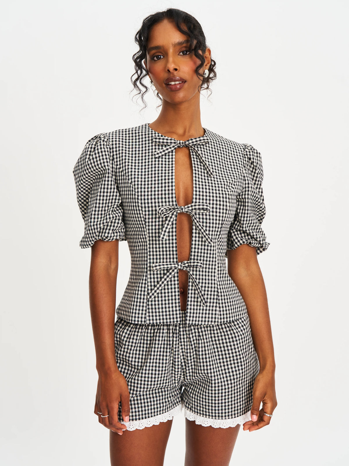 Qutayla Black Gingham Cotton Lace Trim Shorts