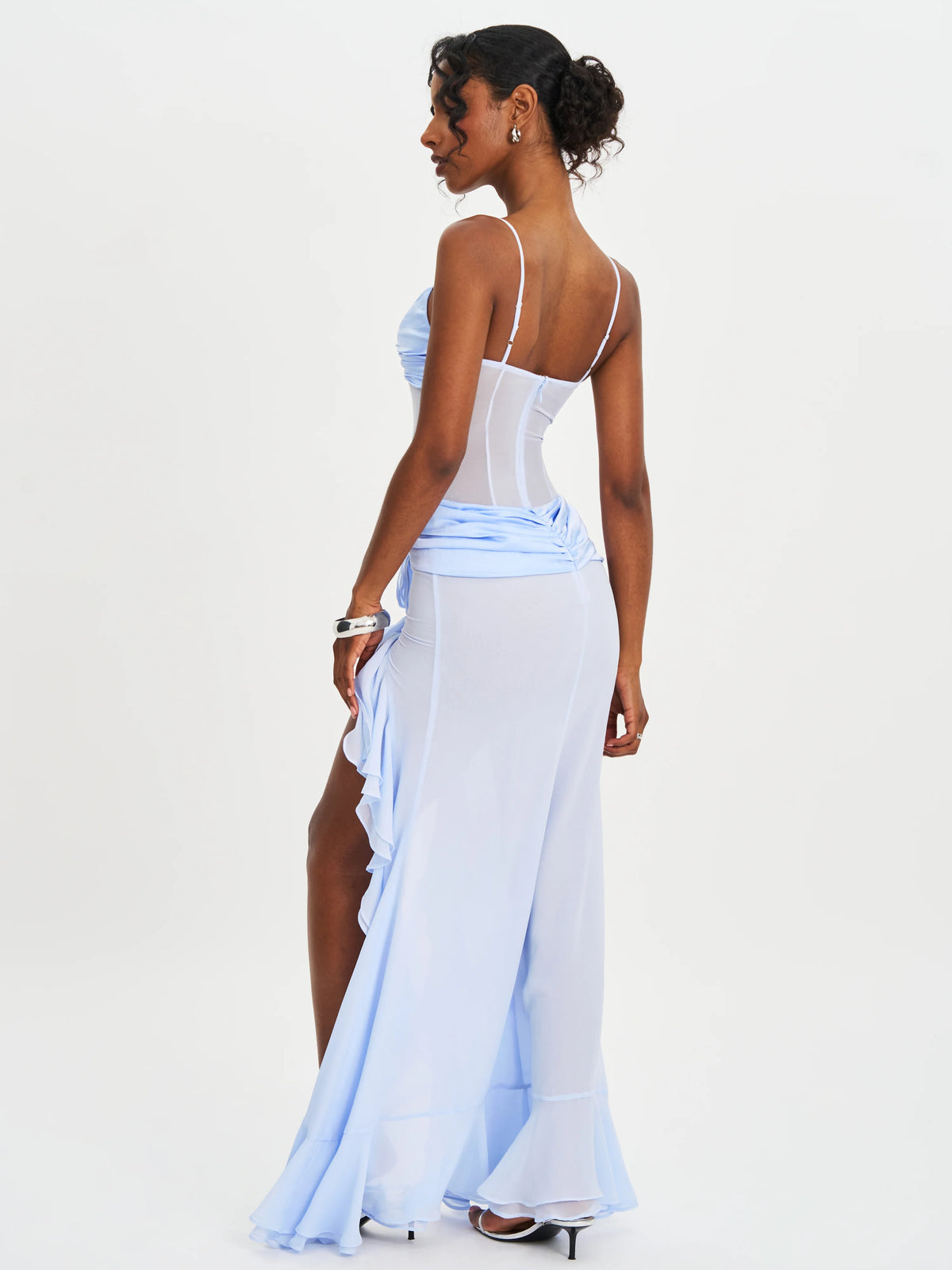 Lacy Blue Ruched Breast High Slit Chiffon Dress