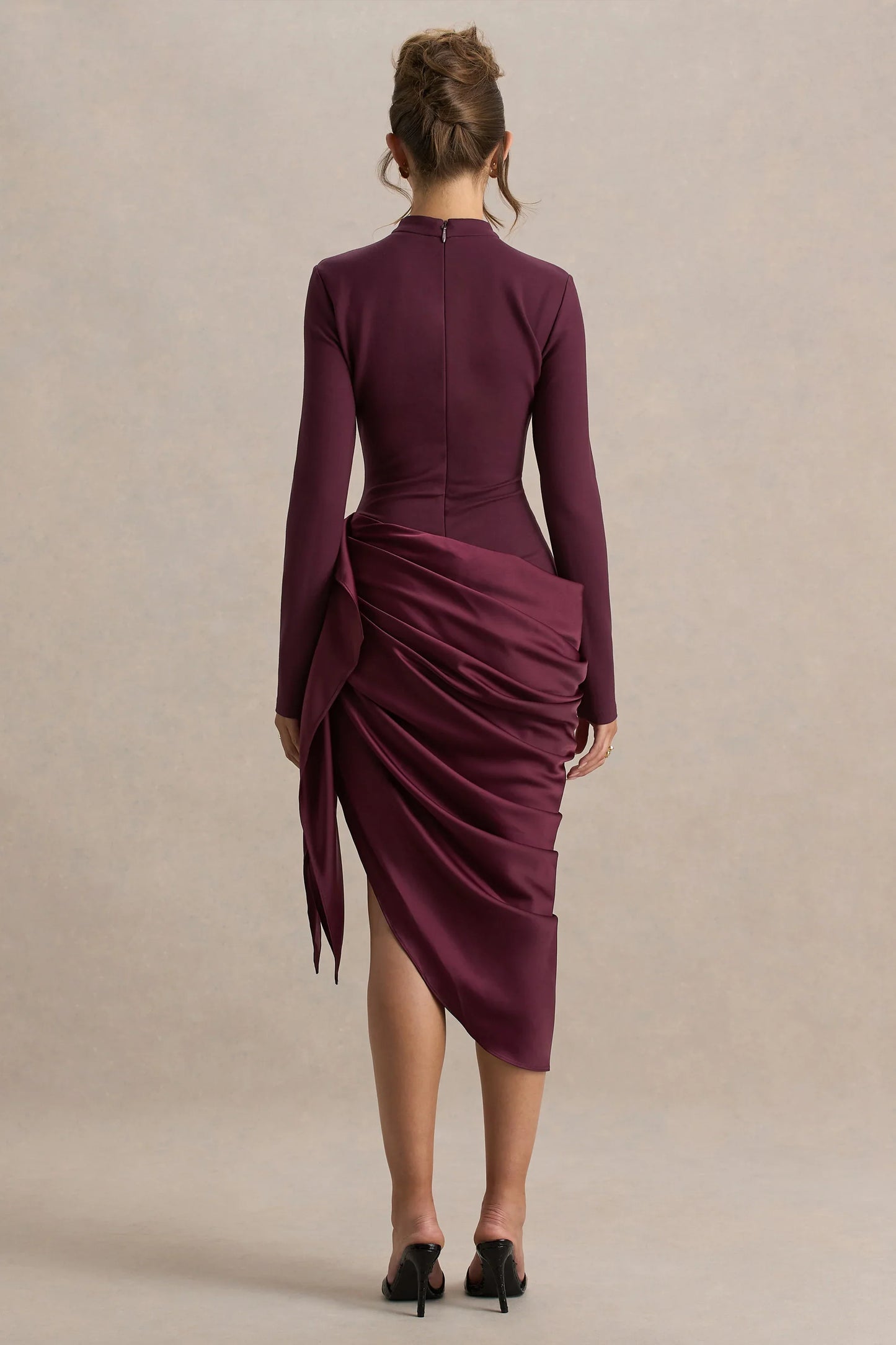 Raffie Plum Long Sleeve Midi Dress With Satin Wrap Skirt