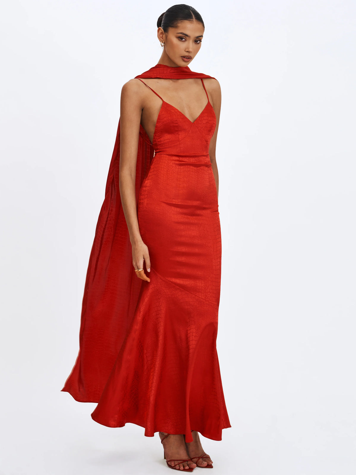 Kelsey Scarlet Croc Embossed Flared Hem Maxi Dress with Scarf