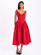 Nahla Red Drop Waist Midi Dress with Buttons