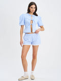 Qutayla Baby Blue Gingham Cotton Lace Trim Shorts