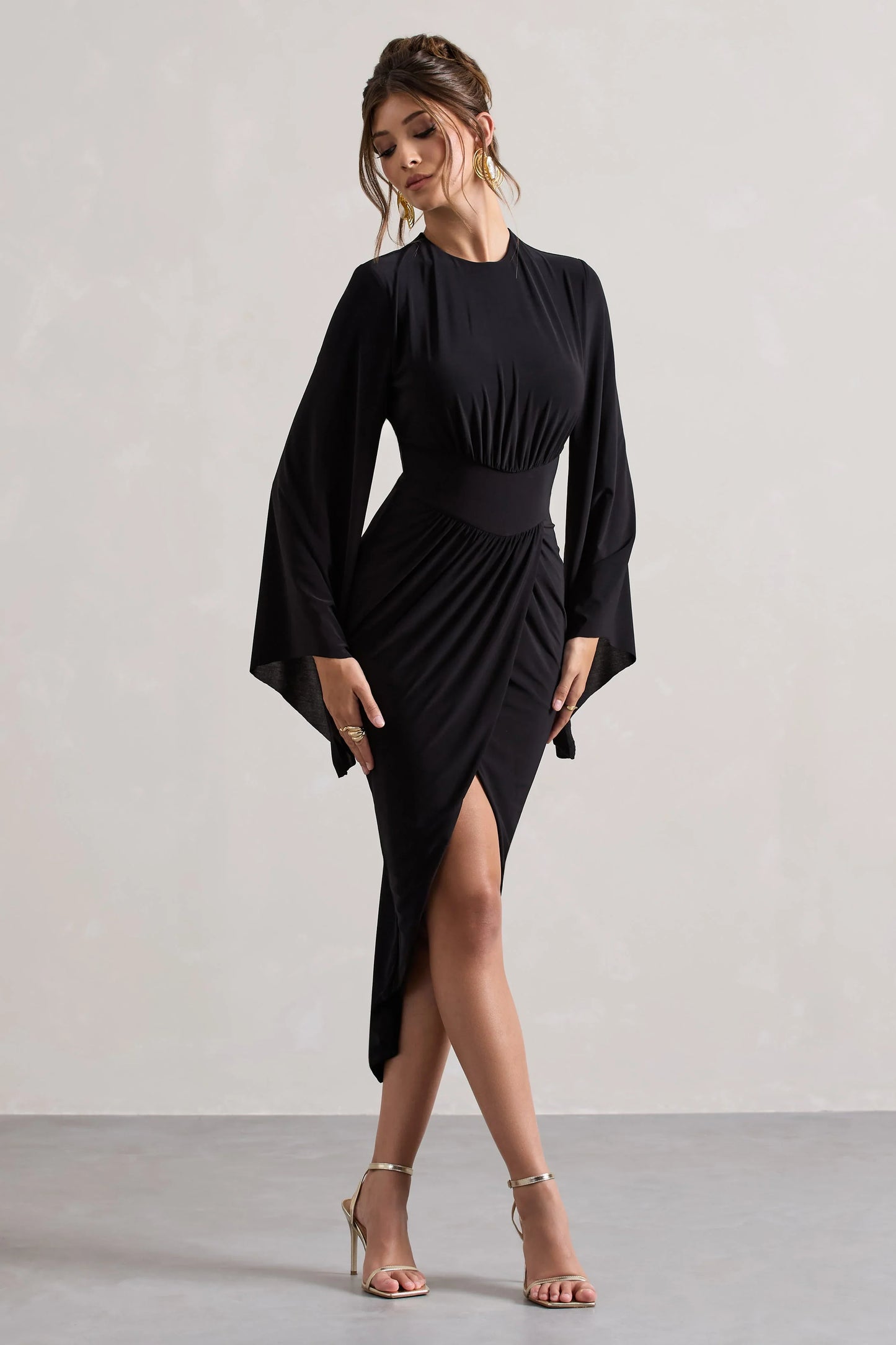 Lennox Black Drape Sleeve Gathered Midi Dress